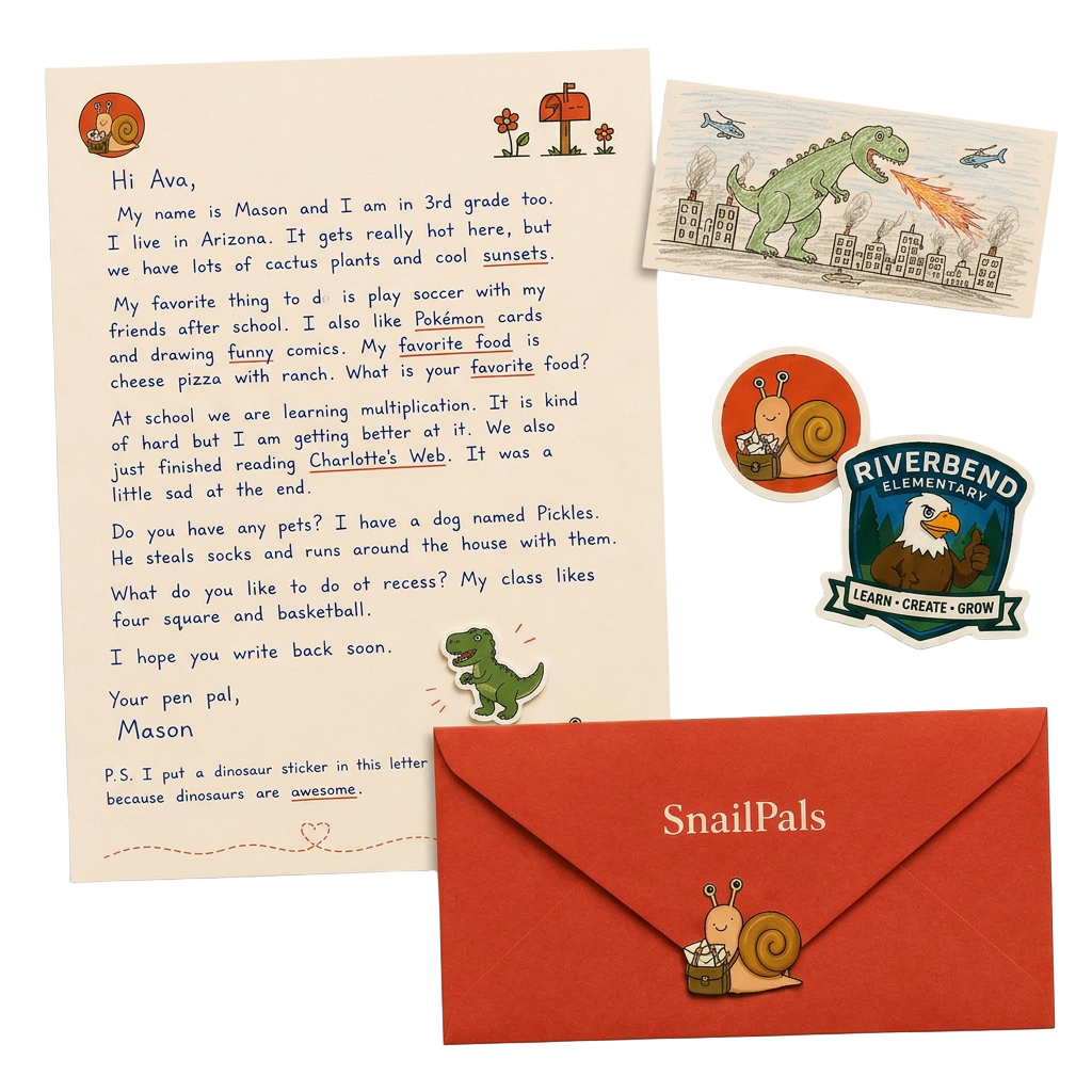 A letter, small drawing, and sticker arranged on a tabletop